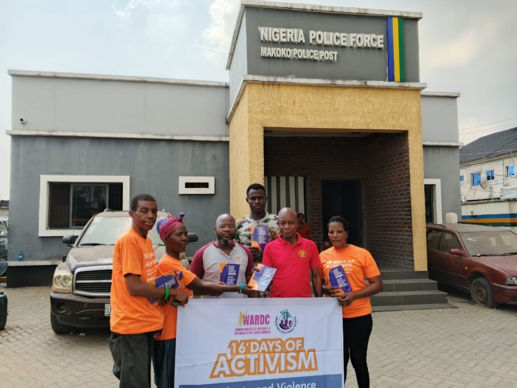 Sensitization visit to Makoko Police Post. Presentation of VAPP Law Booklets and WARDC stickers to SUPOL Ajakaiye (2nd from the  right) and his team